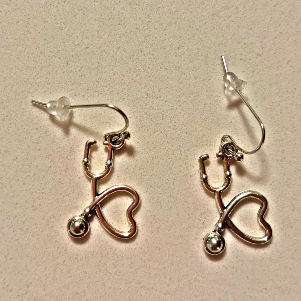Silver Stethoscope Heart Dangle Earrings, New
